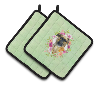 213-CK4110PTHD Dogs and Flowers Pair of Pot Holders (Dog Breed: Brussels Griffon)