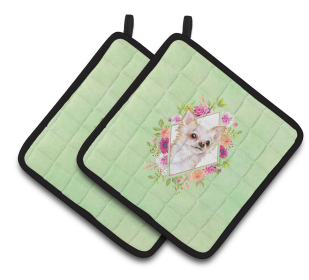 213-CK4110PTHD Dogs and Flowers Pair of Pot Holders (Dog Breed: Chihuahua - Long Hair)