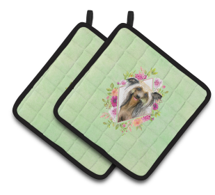 213-CK4110PTHD Dogs and Flowers Pair of Pot Holders (Dog Breed: Chinese Crested)