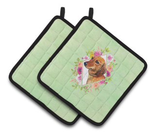 213-CK4110PTHD Dogs and Flowers Pair of Pot Holders (Dog Breed: Dachshund Red #1)