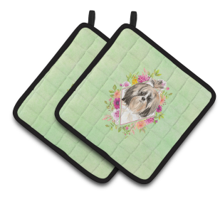 Dogs and Flowers Pair of Pot Holders (Breed: Tzu Green)
