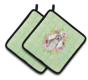 Dogs and Flowers Pair of Pot Holders (Breed: Pit Bull)