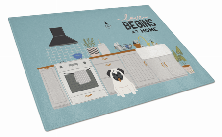 Kitchen Scene Dog Print Glass Cutting Board Large (Dog Breed: Cream Pug)