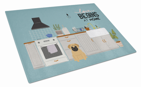 Kitchen Scene Dog Print Glass Cutting Board Large (Dog Breed: Pug Brown #2)