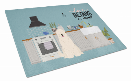 Kitchen Scene Dog Print Glass Cutting Board Large (Dog Breed: South Russian Sheepdog)