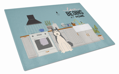 Kitchen Scene Dog Print Glass Cutting Board Large (Dog Breed: West Siberian Laika Spitz)