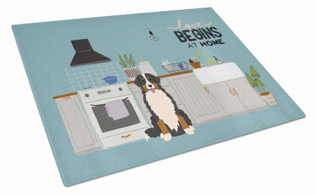 Kitchen Scene Dog Print Glass Cutting Board Large (Dog Breed: Bernese Mountain Dog)