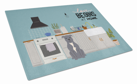 Kitchen Scene Dog Print Glass Cutting Board Large (Dog Breed: Blue Staffordshire Bull Terrier)