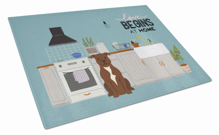 Kitchen Scene Dog Print Glass Cutting Board Large (Dog Breed: Chocolate Staffordshire Bull Terrier)