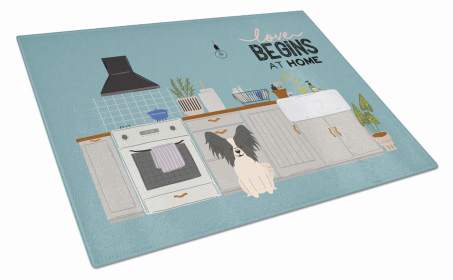 Kitchen Scene Dog Print Glass Cutting Board Large (Dog Breed: Black White Papillon)
