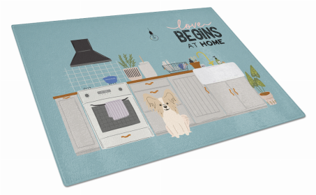 Kitchen Scene Dog Print Glass Cutting Board Large (Dog Breed: Sable White Papillon)
