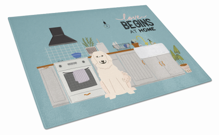 Kitchen Scene Dog Print Glass Cutting Board Large (Dog Breed: Great Pyrenese)