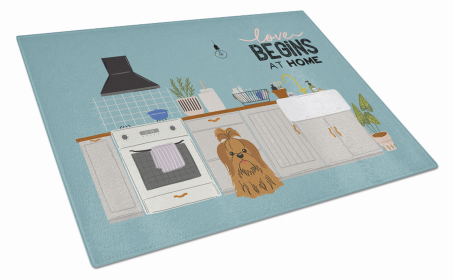Kitchen Scene Dog Print Glass Cutting Board Large (Dog Breed: Silver Chocolate Shih Tzu)