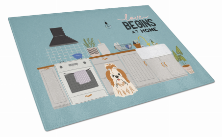 Kitchen Scene Dog Print Glass Cutting Board Large (Dog Breed: Red White Shih Tzu)