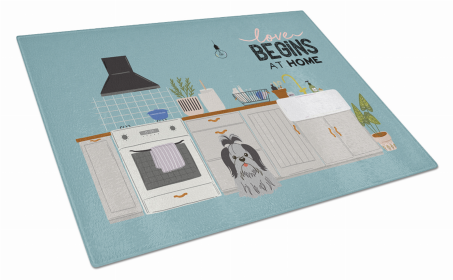 Kitchen Scene Dog Print Glass Cutting Board Large (Dog Breed: Black Silver Shih Tzu)