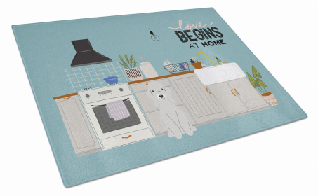 Kitchen Scene Dog Print Glass Cutting Board Large (Dog Breed: Blue Bedlington Terrier)