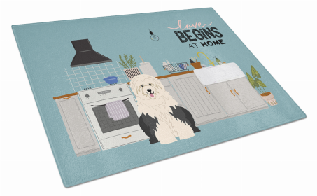 Kitchen Scene Dog Print Glass Cutting Board Large (Dog Breed: Old English Sheepdog)