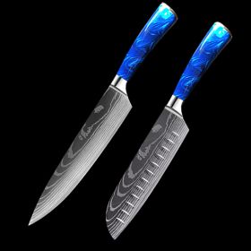 Chef Knife Blue 8 Inches Handle (Option: Blue 2piece set)