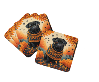 Black Pug Fall Foam Coasters (Color: 194030785584)