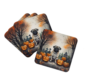 Fawn Pug Spooky Halloween Foam Coasters (Color: 194030775318)