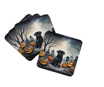Black Pug Spooky Halloween Foam Coasters (Color: 194030775325)