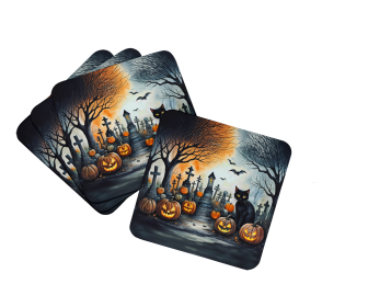 Black Cat Spooky Halloween Foam Coasters (Color: 194030777855)