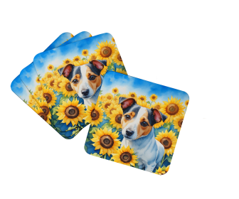 Jack Russell Terrier in Sunflowers Foam Coasters (Color: 198453233875)