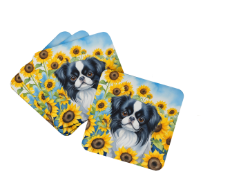 Japanese Chin in Sunflowers Foam Coasters (Color: 198453233882)