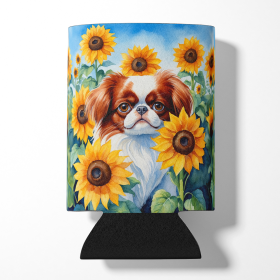 Japanese Chin in Sunflowers Can or Bottle Hugger (Color: 198453232106)