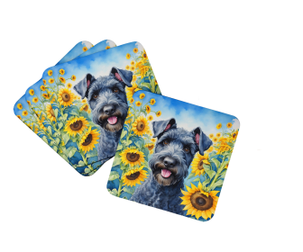 Kerry Blue Terrier in Sunflowers Foam Coasters (Color: 198453233912)