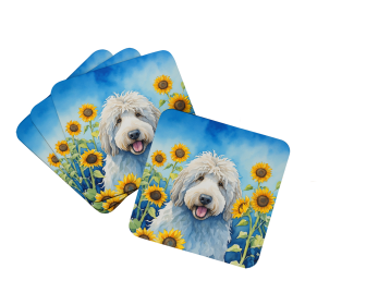 Komondor in Sunflowers Foam Coasters (Color: 198453233929)