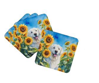 Kuvasz in Sunflowers Foam Coasters (Color: 198453233936)