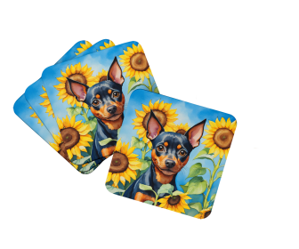 Miniature Pinscher in Sunflowers Foam Coasters (Color: 198453234063)