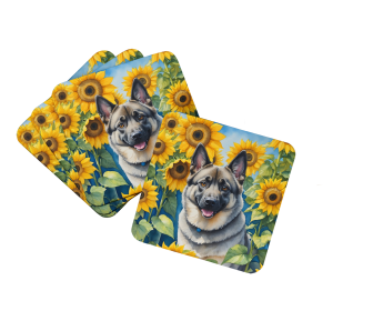 Norwegian Elkhound in Sunflowers Foam Coasters (Color: 198453234117)
