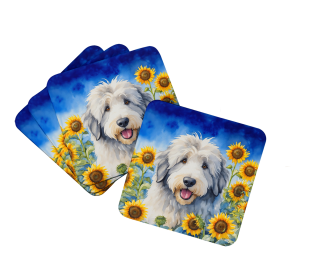 Old English Sheepdog in Sunflowers Foam Coasters (Color: 198453234148)