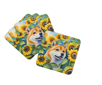 Shiba Inu in Sunflowers Foam Coasters (Color: 198453234469)