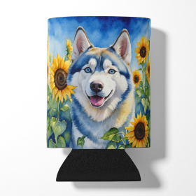 Siberian Husky in Sunflowers Can or Bottle Hugger (Color: 198453232694)