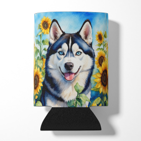 Siberian Husky in Sunflowers Can or Bottle Hugger (Color: 198453232700)