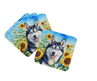 Siberian Husky in Sunflowers Foam Coasters (Color: 198453234490)