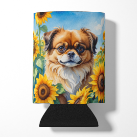 Tibetan Spaniel in Sunflowers Can or Bottle Hugger (Color: 198453232731)