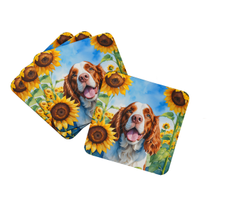 Welsh Springer Spaniel in Sunflowers Foam Coasters (Color: 198453234568)