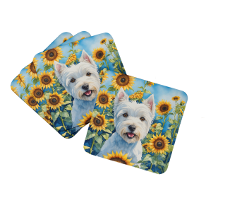 Westie in Sunflowers Foam Coasters (Color: 198453234582)