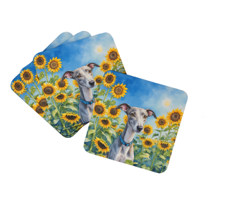 Whippet in Sunflowers Foam Coasters (Color: 198453234612)