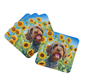 Wirehaired Pointing Griffon in Sunflowers Foam Coasters (Color: 198453234629)