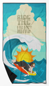 Surfer Dog Bernese Mountain Dog Premium Beach Towel (Color: 194030683200)