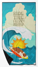 Surfer Dog Red English Bulldog Premium Beach Towel (Color: 194030683484)