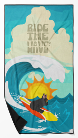 Surfer Dog Black French Bulldog Premium Beach Towel (Color: 194030683514)