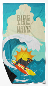 Surfer Dog Black Pug Premium Beach Towel (Color: 194030683934)