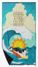 Surfer Dog Black White Siberian Husky Premium Beach Towel (Color: 194030684047)