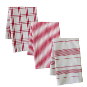 Tea Towel (Set of 3) 20" x 28" Cotton (Color: Red/White)